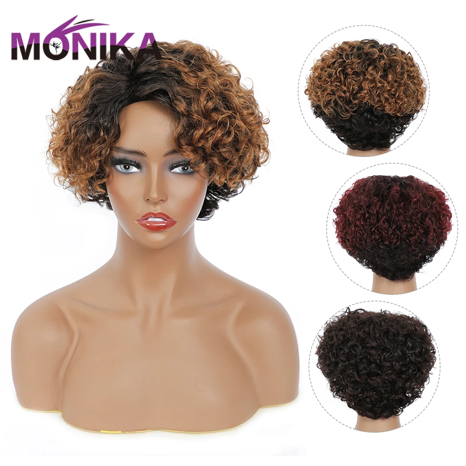 

Monika Brailian Black Ombre Color Pixie Curly Non-Remy Human Hair Glueless Full Wigs For Women Free Shipping