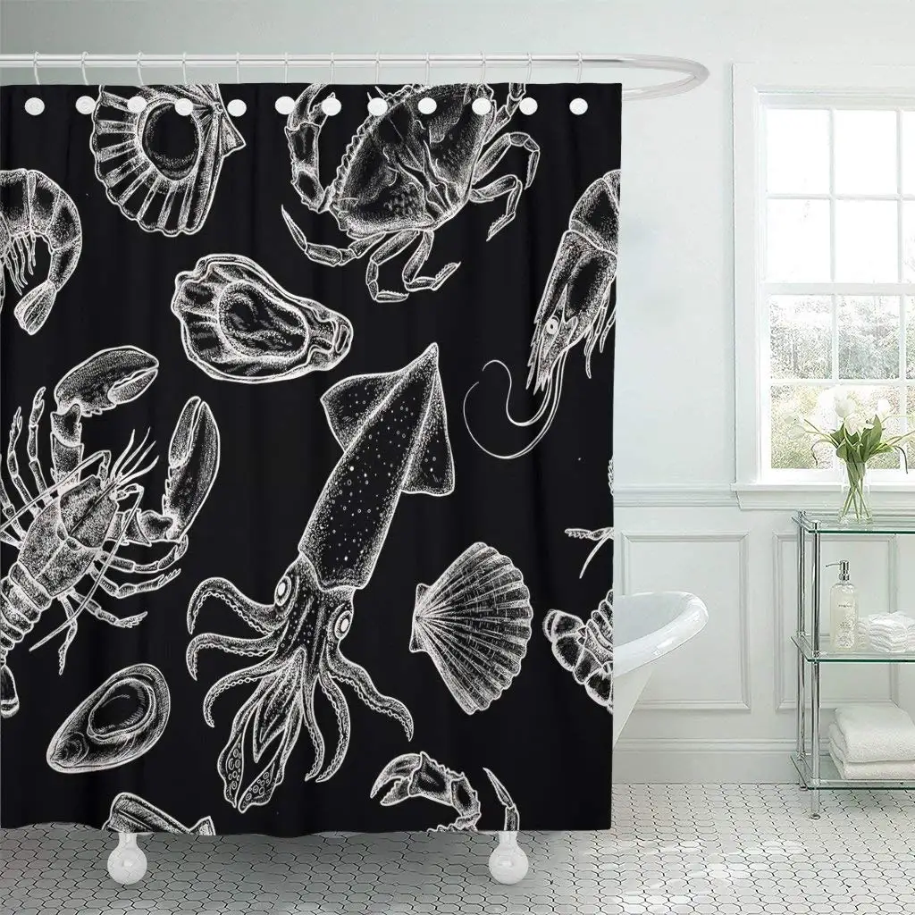 Sea Food in Detailed Sketchy Engraving Vintage Lobster Mussel Shower Curtain Waterproof Polyester Fabric 72 x 78 Inches Set