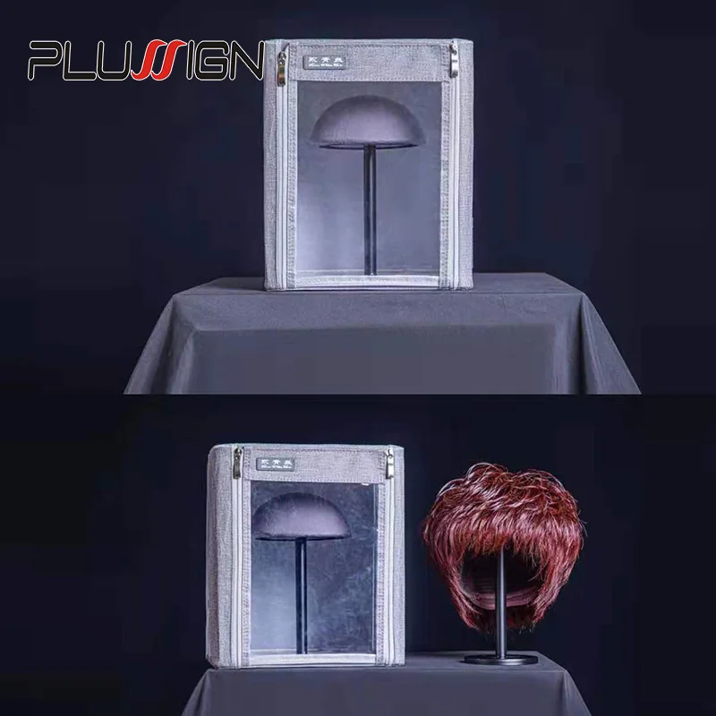 Toupee Closure Wig Storage Box For Hair Sellers Gray Anti Dust Wig Bags With Wig Stand And Head Medium Size For Short Long Hair