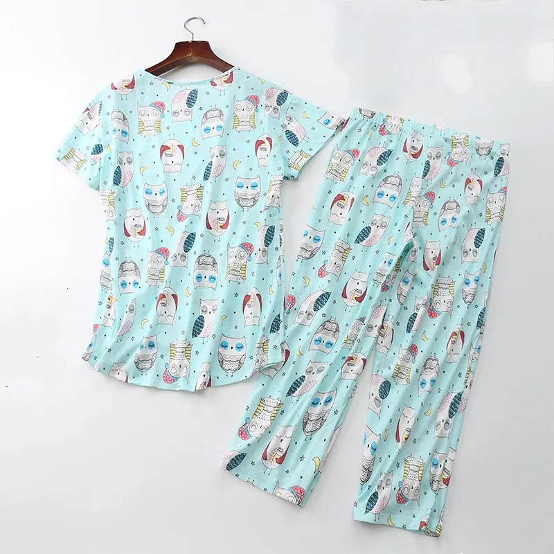 Desenhos animados casuais de pijama feminino, terno pijama feminino, camisa de manga curta, calça comprida, algodão macio, verão 2022