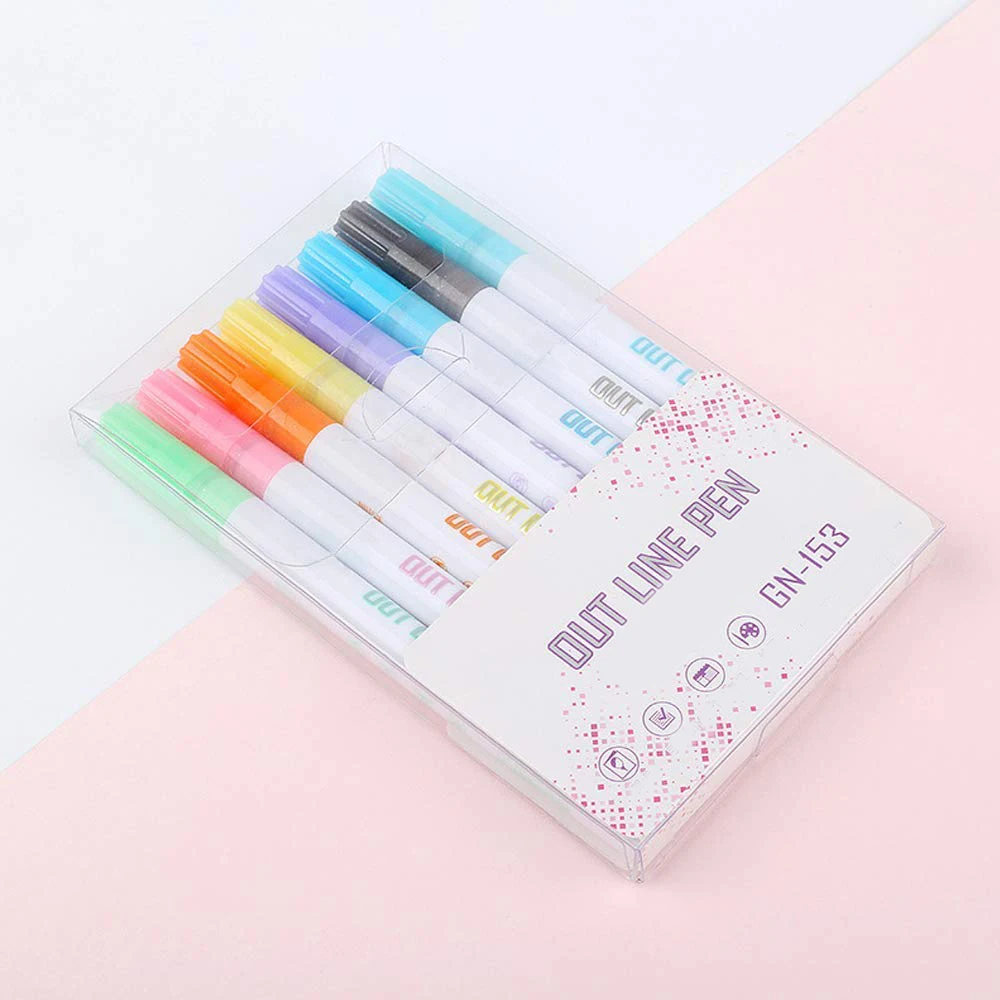 

Mark Pen 8 pcs Set Gift Glitter Fluorescent Marker Metal Color Pen Double Line Contour Pen For DIY Photo Album School Office