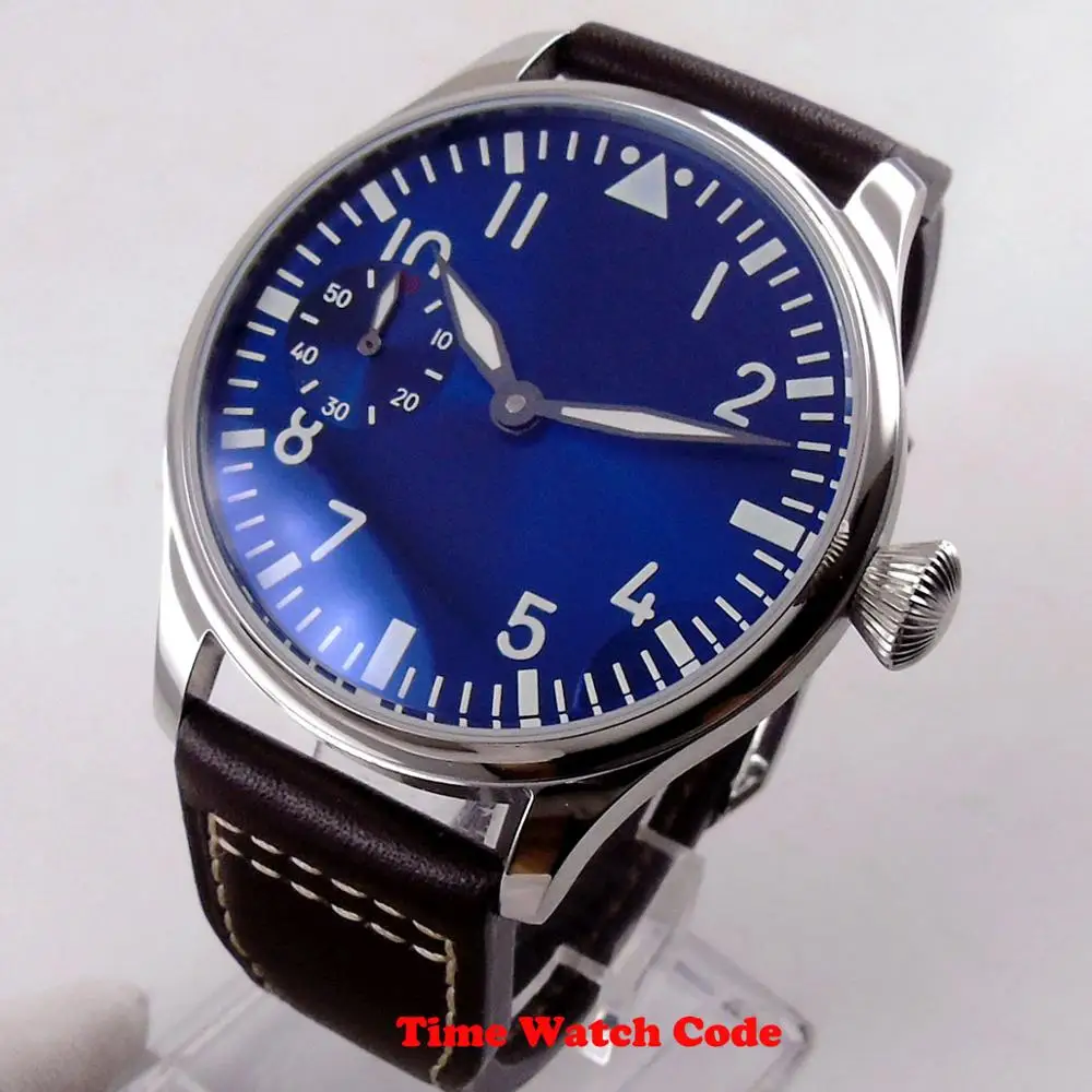 

Classic 44mm Asia 6497 movement Hand-winding Men's Wristwatch blue sterile dial luminous hands marks leather strap