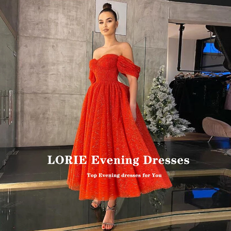 LORIE Glitter Prom Dress Red Off the Shoulder Tea Length Shiny Celebrity Wedding Party Dress for Graduation vestidos de fiesta