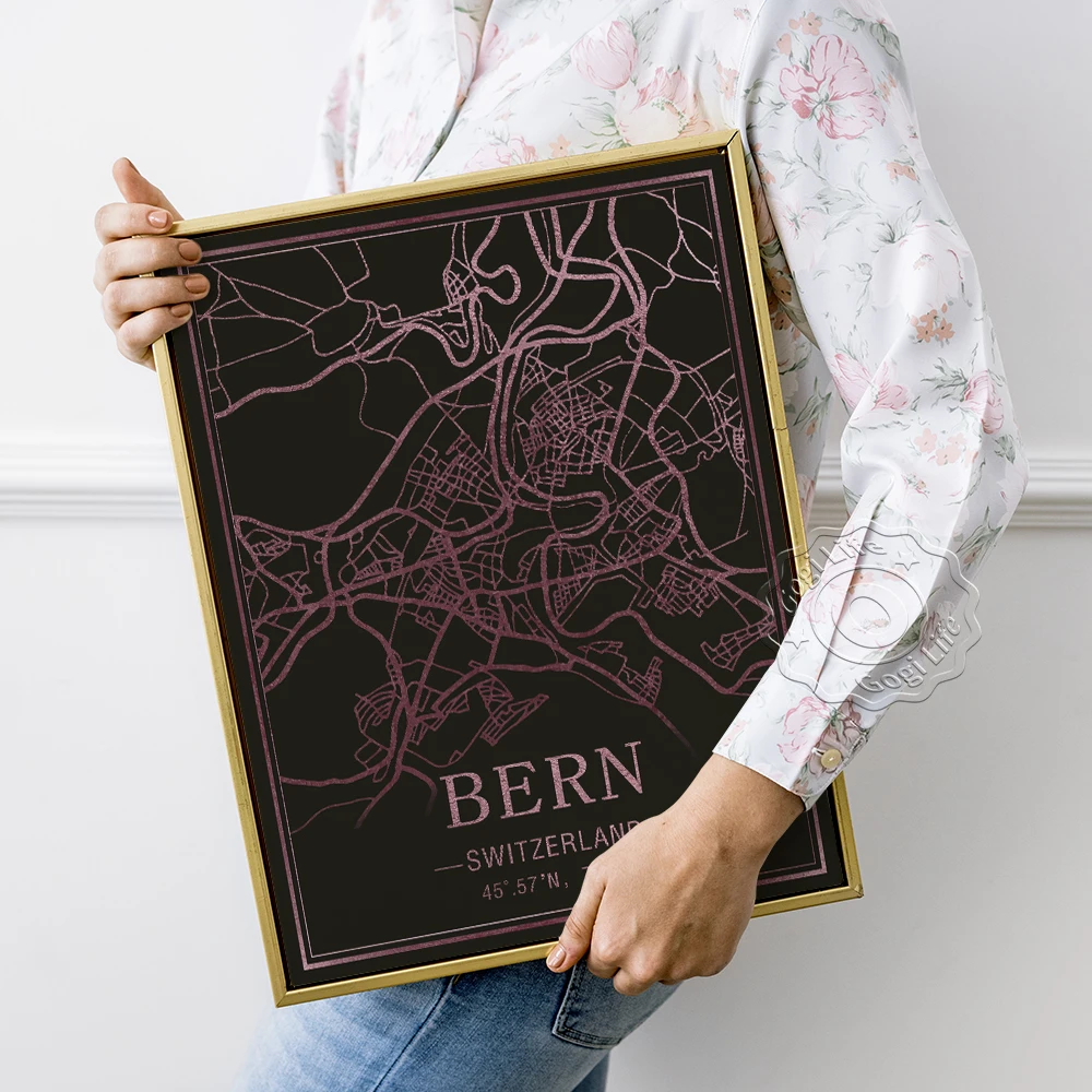 World Tourist City Map Poster, Bern Switzerland Latitude and Longitude Map Wall Picture, Personalized Dark Background Wall Art