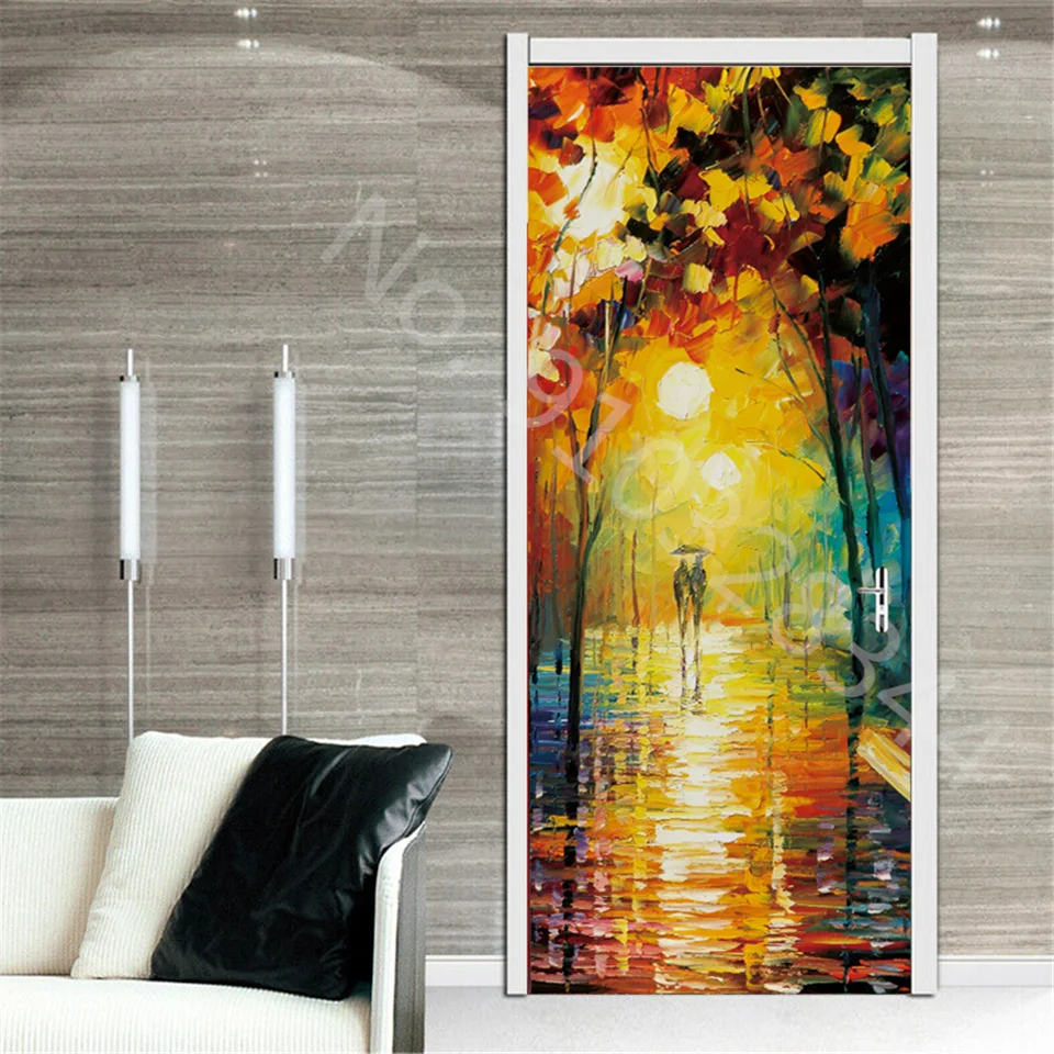 Oil Painting Door Sticker 3D Self-Adhesive Wallpaper For Porch Living Room Decoration Mural Interior Doors Cover Home Design Art