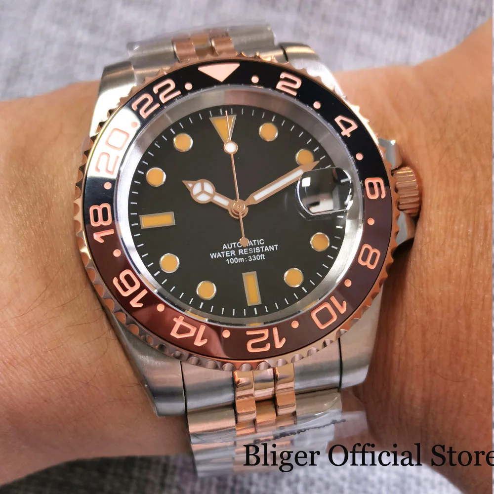 BLIGER Fashion 100M Waterproof NH35A PT5000 Two Tone Rose Gold Automatic Men Watch Jubilee Bracelet Root Beer Ceramic Insert