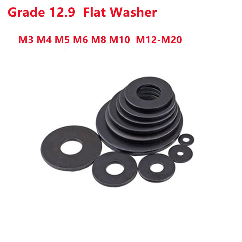 5/10/20/50/100pcs M2 M2.5 M3 M4 M5 M6 M8 M10 M12 M14 M16 M18 M20  Grade 12.9 Carbon Steel Black Flat Washer DIN125 Plain Gasket