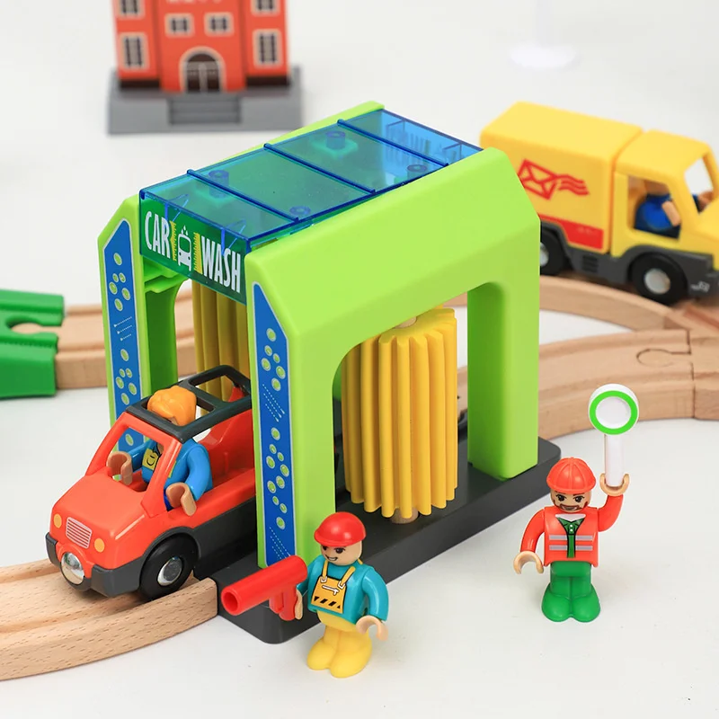 Wooden Track Train Set Car Wash Room Wooden Railway Car Educational Toys Compatible for Wooden Track Toys for Kids Gift