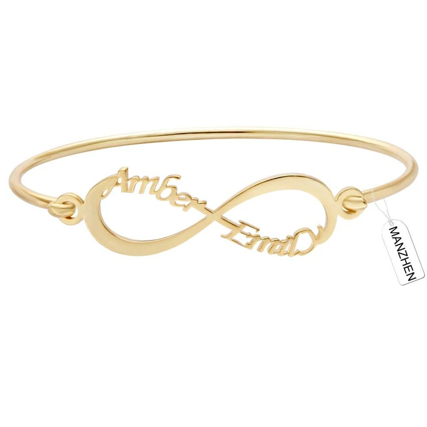 

Senfai Custom Name Infinity Symbol Bangle Personalized Stainless Steel Open Bangle Bracelets Gift for Women Men