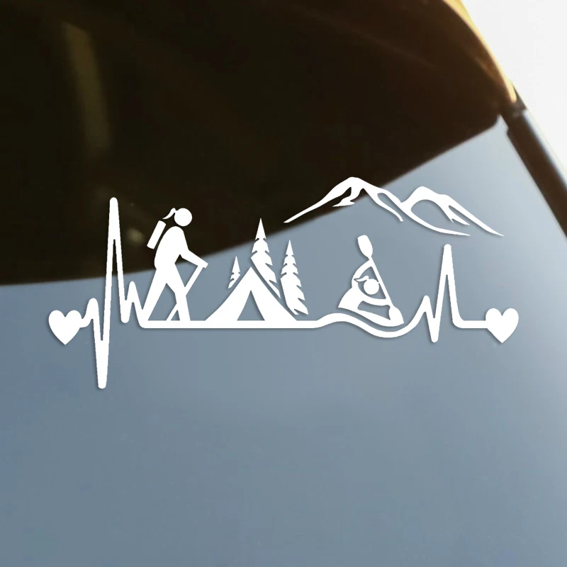 Hiker Girl Camping Tent Kayak Heartbeat Die-Cut Vinyl Decal Car Sticker Waterproof Auto Decors on Car Body Bumper Rear #S60367