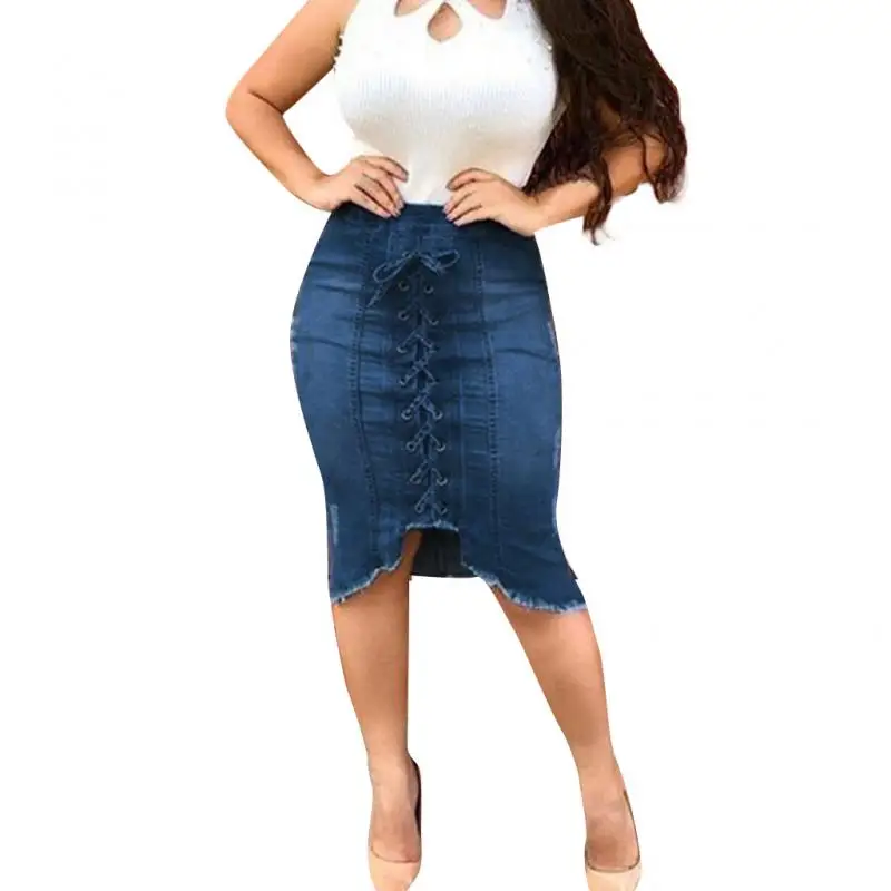 Front Lace Up Denim Skirts Women High Waist Ripped Destroyed Bodycon Skirt Pencil Midi Skirt Faldas Mujer Moda  S-5XL