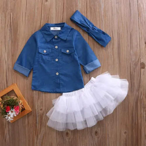 3pcs Kids Baby Girl Long Sleeve Denim Shirt Clothes+Lace Tulle Skirts Headband Outfits Set