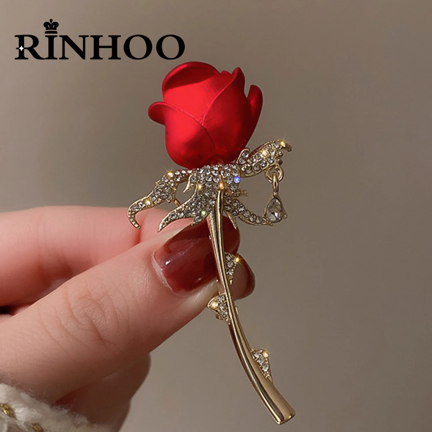 Rinhoo Rhinestone Red Rose Flower Brooches for Women Elegant Tulip Flower Bouquet Bowknot Lapel Pins Wedding Party Badge Jewelry