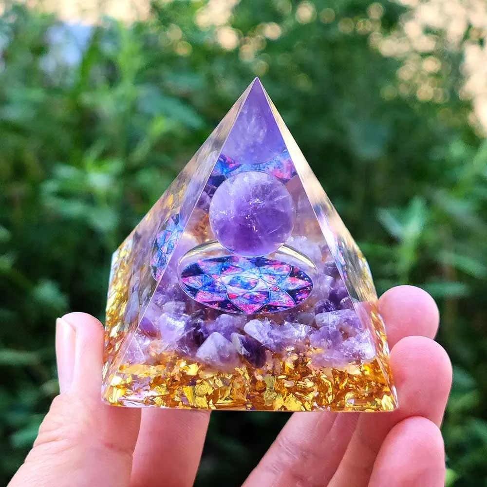 

Orgonite Pyramid Amethyst Crystal Sphere With Natural Crystal Stone 60mm Orgone Energy Healing Reiki Chakra Multiplier