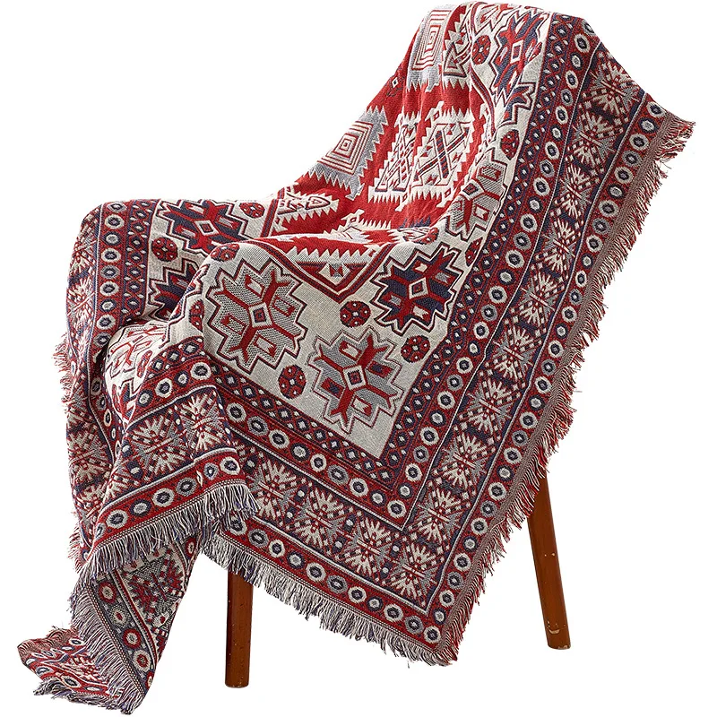 Geometric Knitted Blanket for Sofa, 100% Cotton, Hanging Tapestry, Turkish Blanket, Bedroom Rug, Soft Living Room Carpet