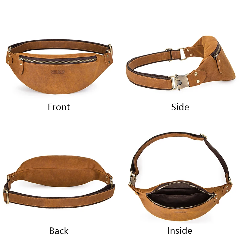 CONTACT\'S 100% Crazy Horse Leather Men Waist Bag Casual Fanny Pack Belt Phone Pouch Bags Small Chest Packs for Man Shoulder Bag