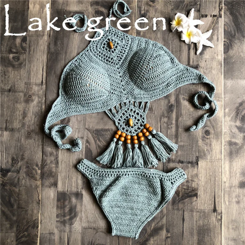 Conjunto de Bikini liso de ganchillo para mujer, traje de baño con sujetador Sexy Halter, bañador triangular, novedad de verano