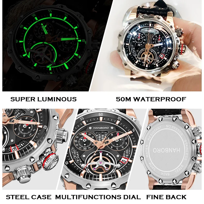 Imagem -03 - Hanboro Homem Chronograph Relógio Esporte Relógios à Prova Impermeável Água Luminosa Marca de Moda Quartzo Homem Relógio Couro Banda Relógio Masculino