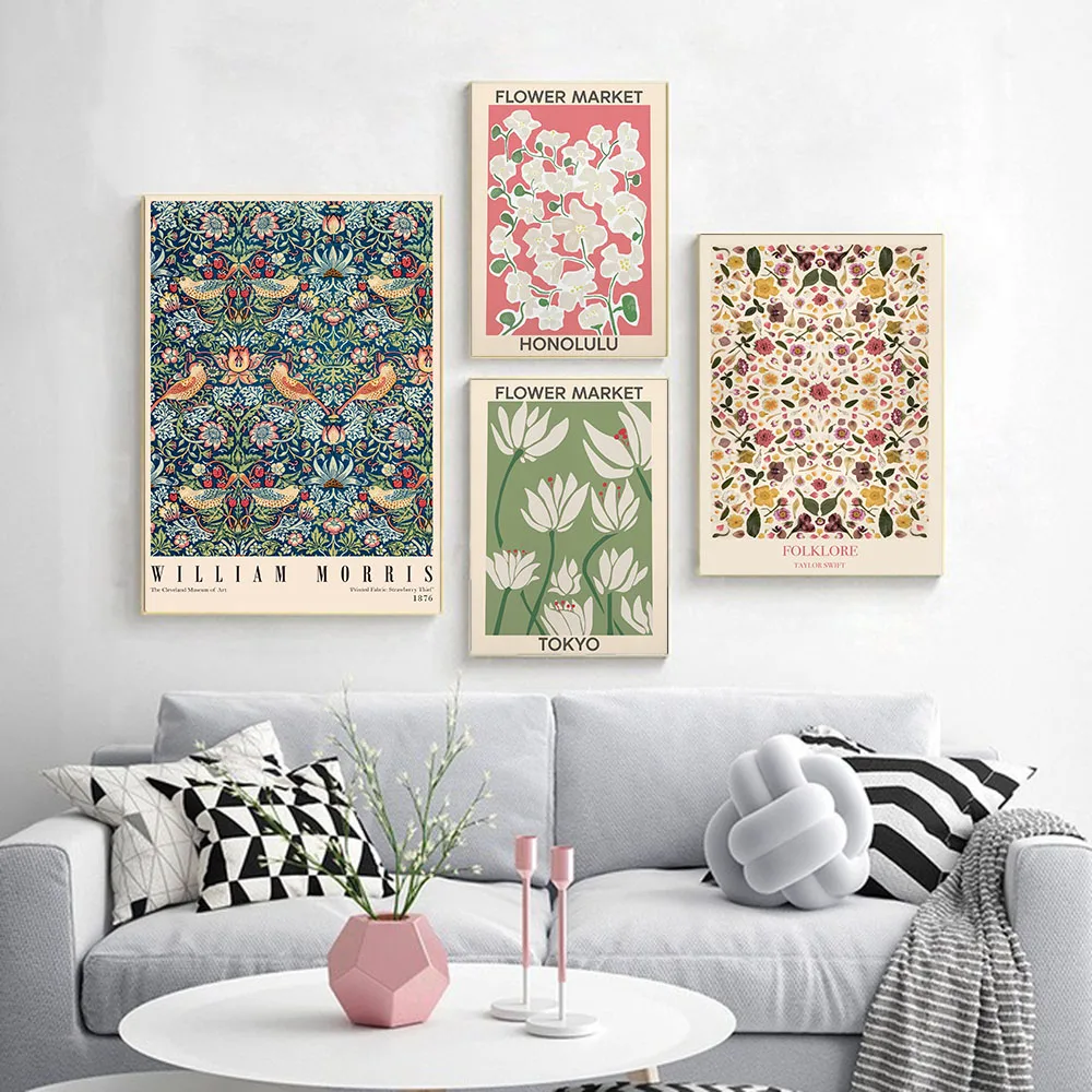 Nordic Canvas Painting Abstract Flower Strawberry Thieves Pattern Birds Poster Wall Art Modern Picture Living Room Home Decor