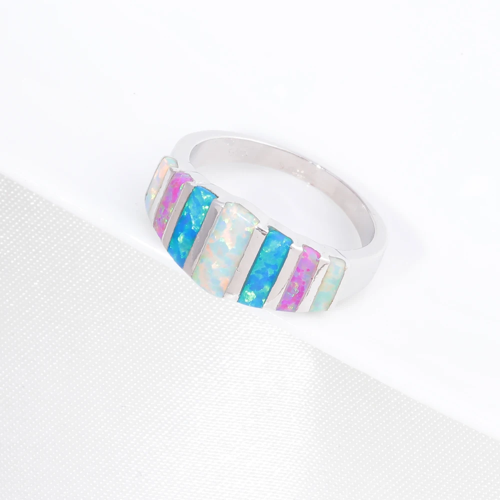 CiNily Geometry Rainbow Fire Opal 925 Sterling Silver Rings for Party Birthday Gifts Women Girl Fine Jewelry Ring