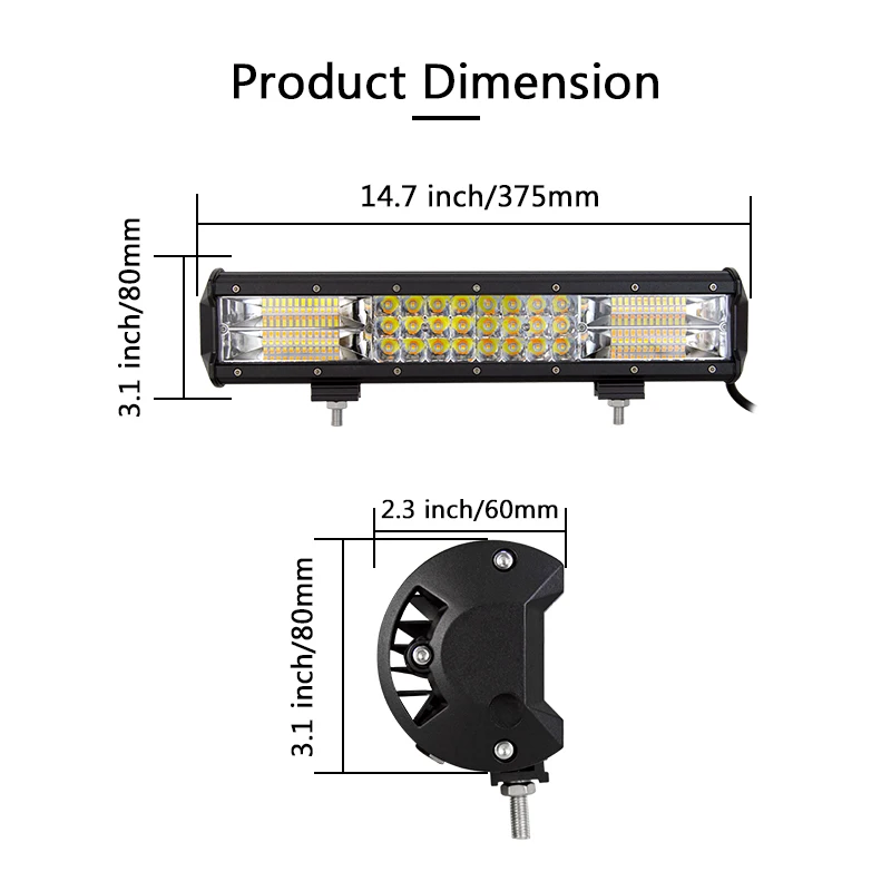 Auxtings 14inch 216w 14'' Tri rows Strobe Flash LED light bar 7D 5 models Dual Color White Yellow offroad 4x4 car light 12V 24V