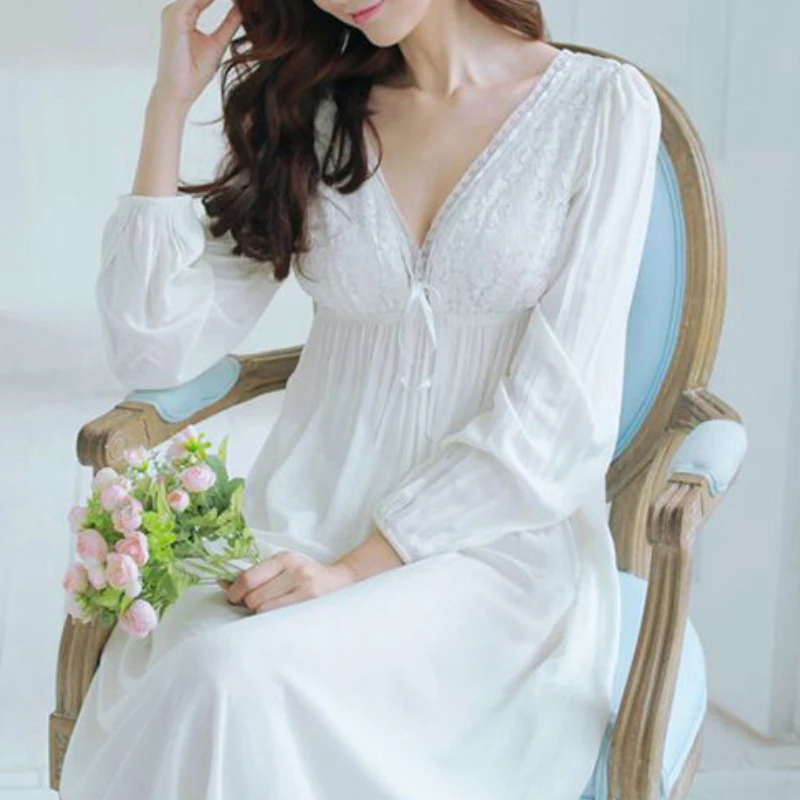 Women Vintage Nightgowns Cotton Sleepwear Sexy V Neck Victorian White Long Night Dress Romantic Nighty Lace Peignoir Nightwear