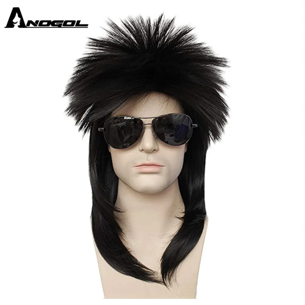 

ANOGOL 80s Costume Rocking Dude Punk Metal Disco Mullet Synthetic Cosplay Wigs Multicolor Short Curly Black Mike Jackson Wig