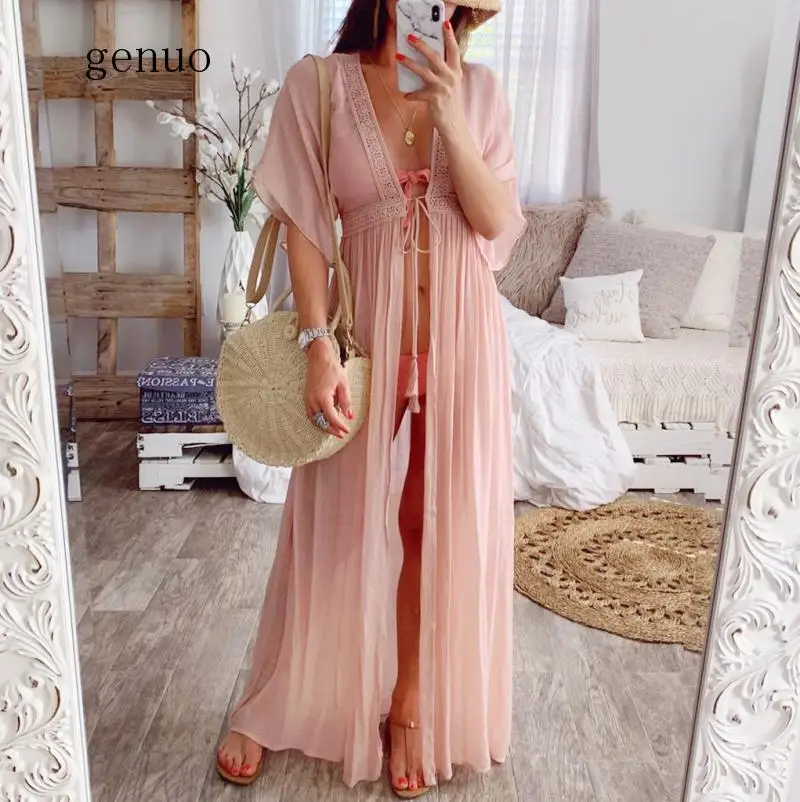 

Summer Solid Lace Beach Cover Up Long Cardigan Lace Up Swimwear Beach Dress Kaftan Beach Wear Swimsuit Pareo Saida De Praia