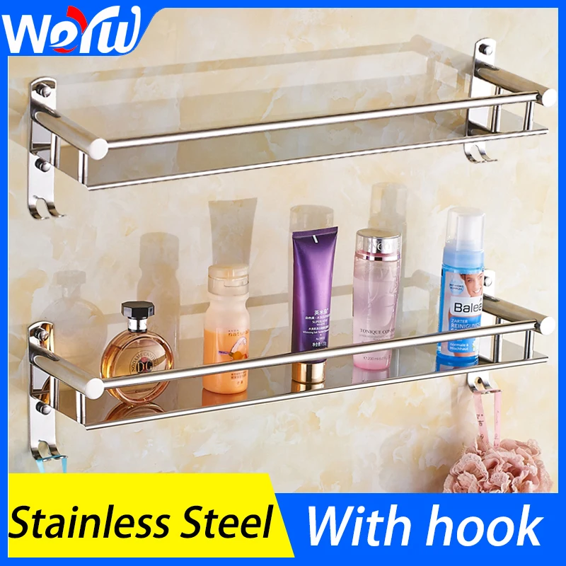 Bathroom Shelf Stainless Steel Wall Hanging Shower Storage Rack Bathroom Shelves Make Up Organizer Hooks