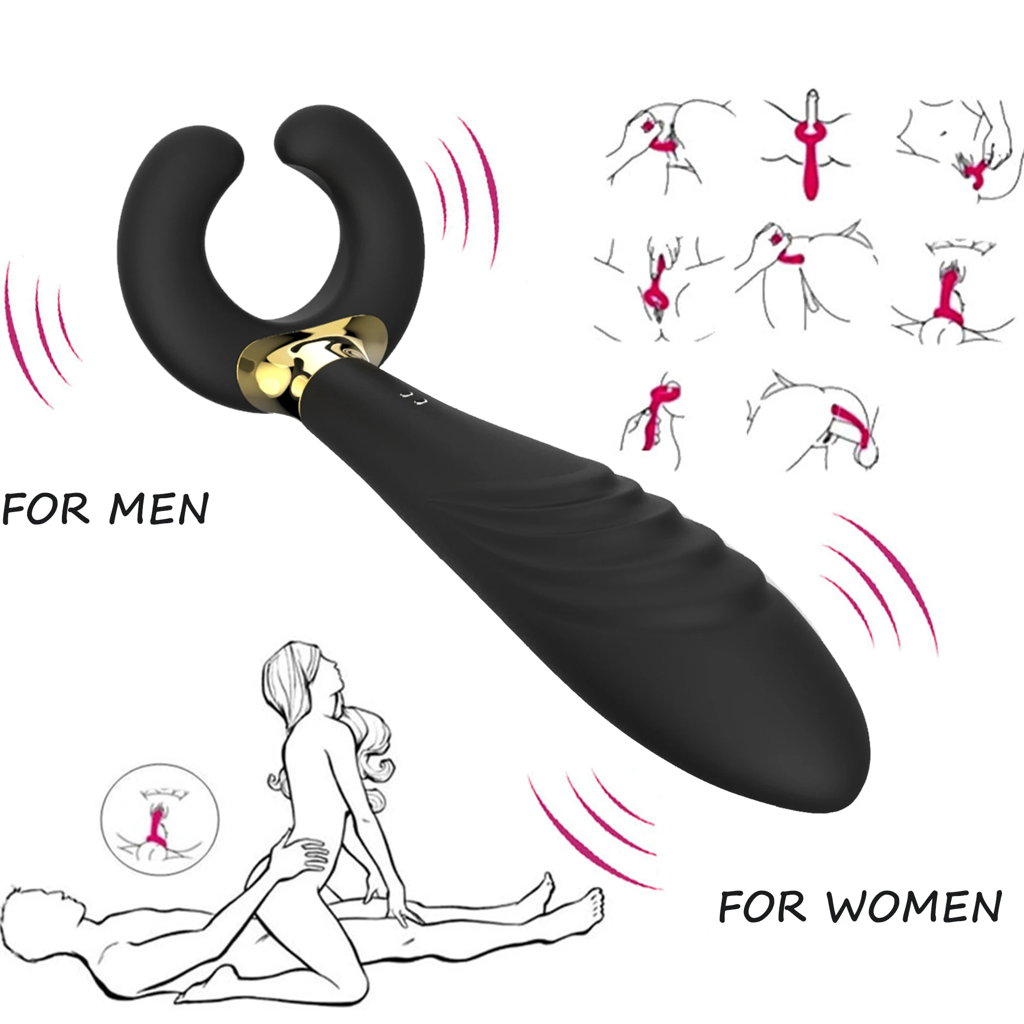 Double Penetration Dildo Vibrator With Cock Ring Silicone Rechargeable Anal Vagina Clitoris Penis Stimulator Toy