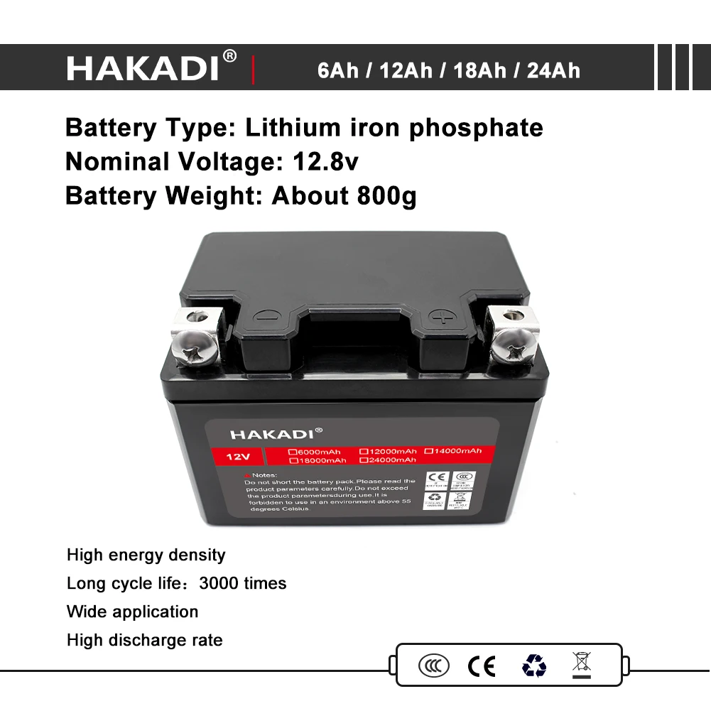 HAKADI Rechargeable LiFePO4 12V 6Ah Deep Cycle Battery Pack 76.8Wh with Built-in BMS For Kid\'s Car Solar System Fishing