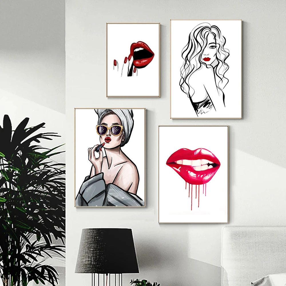 

Sexy Beauty Canvas Painting Delicate Woman Red Lips Nail Art Posters and Prints Fashion Simple Wall Art Nordic Home Decor