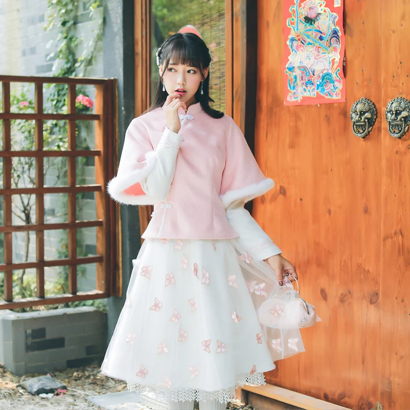 

Winter Chinese style cheongsam collar trumpet sleeve mesh gauze embroidered woolen two-piece dress Hanfu element Princess Lolita