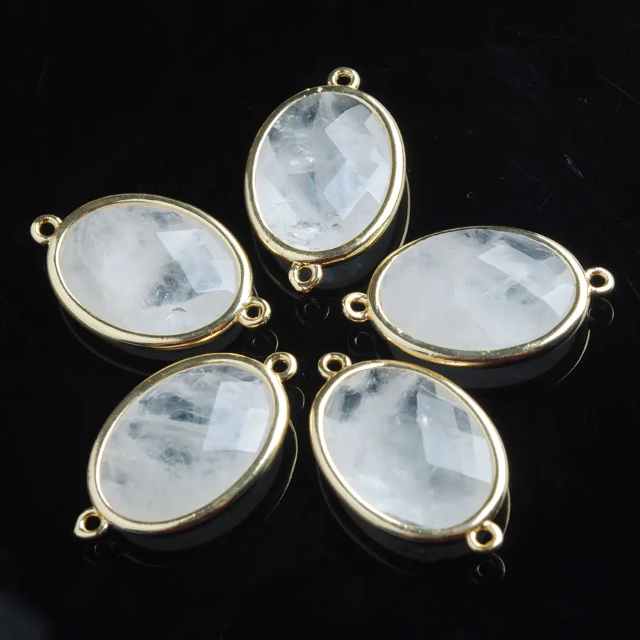 

10pcs Shiny Oval Faceted Natural White Crystal Stone Beads Two Hole Connector for Female Homme Jewelry Making Z9068