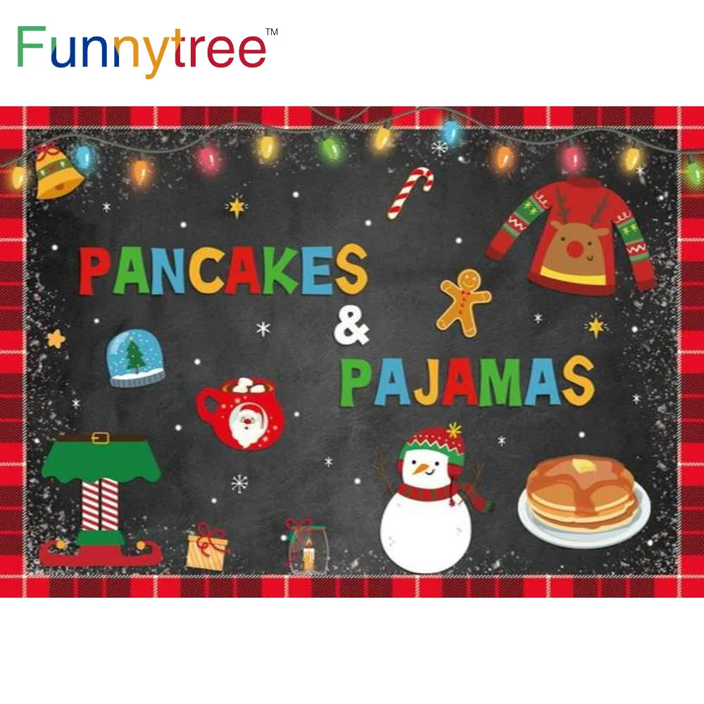 Funnytree Christmas Party Winter Snowman Dots Backdrop Pancakes Pajamas Lattice Sugar Bell Colourful Lights Hot Coco Background