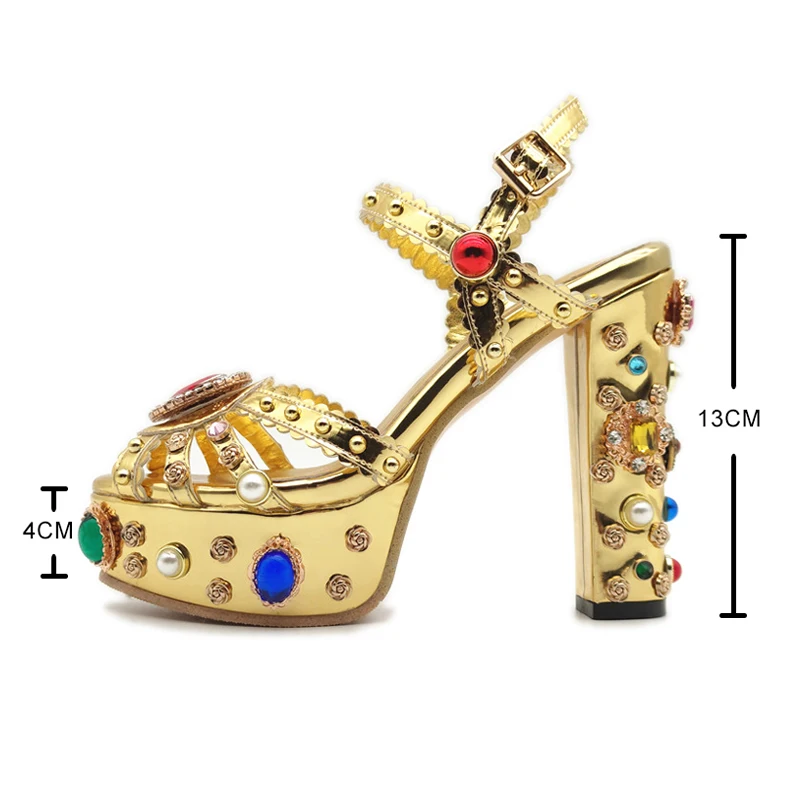 Luxury Rhinestone Gold Leather Sandals Platform Super High Heel Metal Decor Party Shoes Women Formal Bridal Wedding Pumps 41