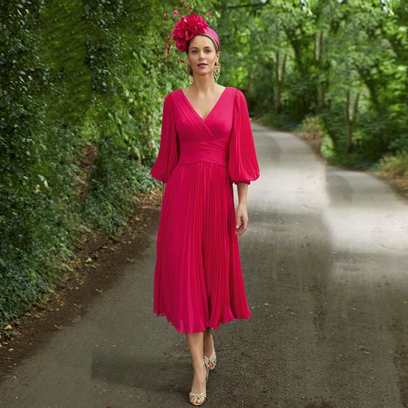 

New Charming Simple Fuchsia Chiffon Mother of the Bride Dresses with 3/4 Sleeves V Neckline Wedding Guest Gowns Tea Length Pleat