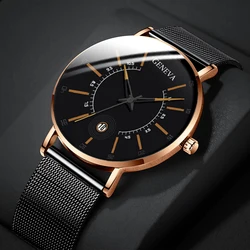 2022 Geneva Watch Men Business Watches Balck Stainless Steel Mesh Band Calendar Quartz Watch Relogio Masculino Reloj Hombre