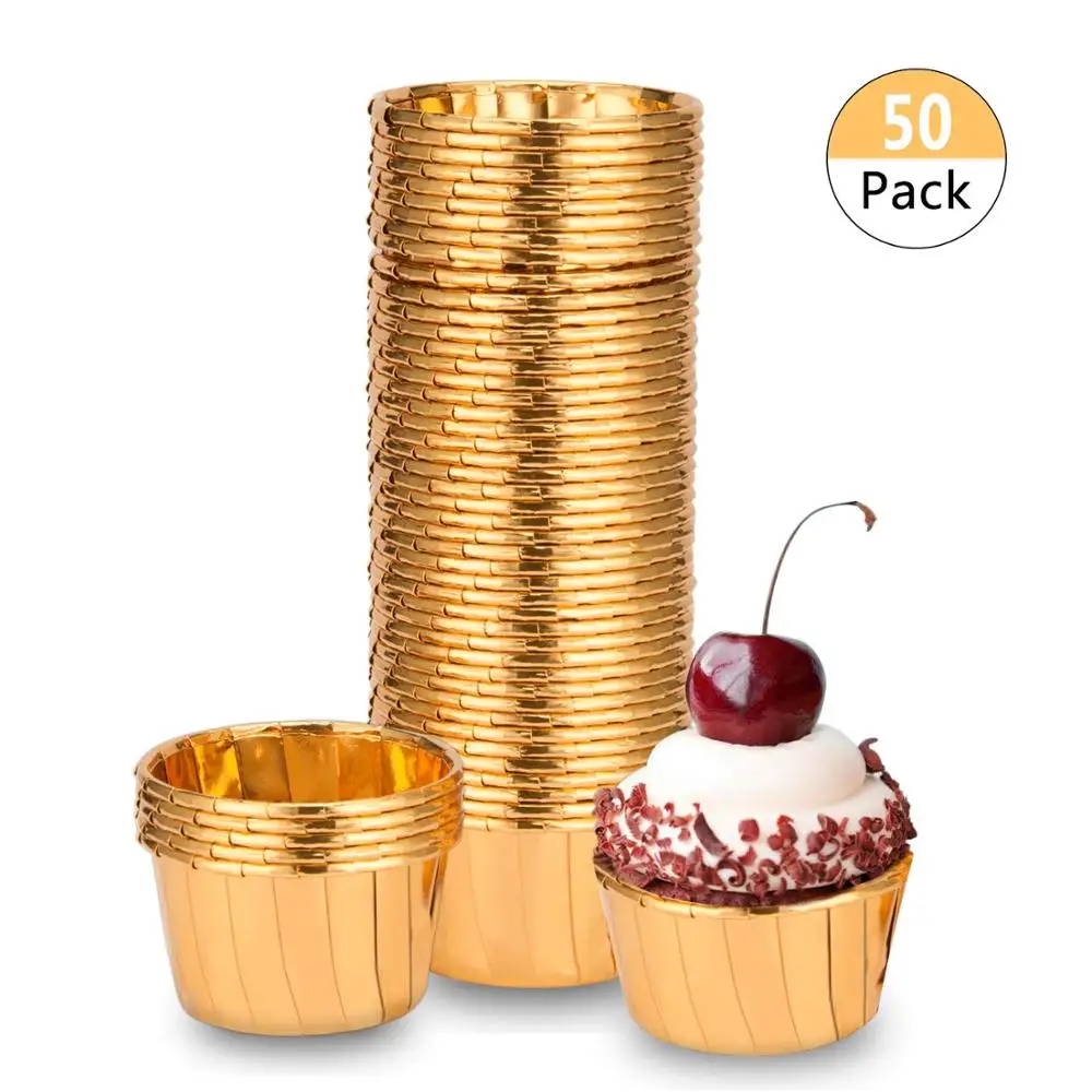 50 Pack Gold Foil Metallic Paper Baking Cups Muffin Cups Cupcake Liners Cake Baking Cups for Wedding Party Birthday Decoration