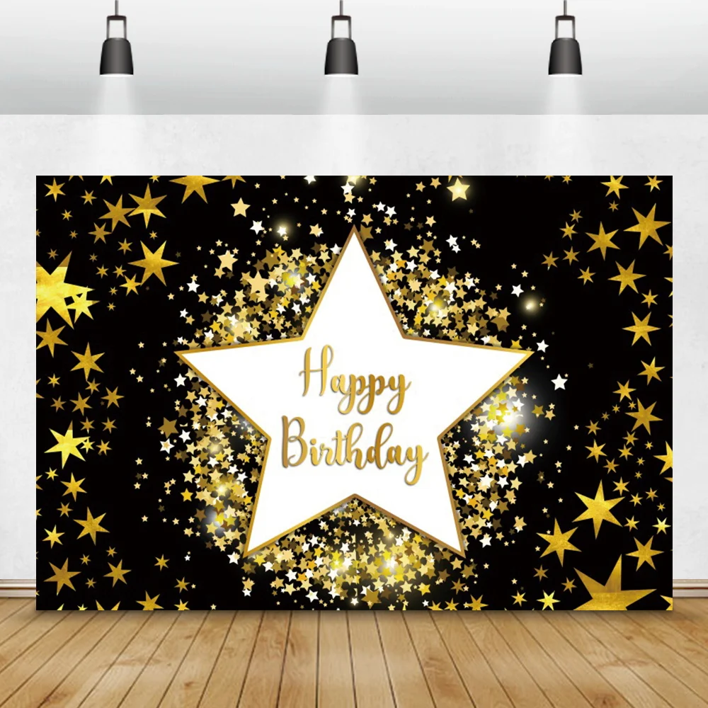 

Golden Stars Children Birthday Party Photo Backdrop Shining Glitters Baby Shower Portrait Customize Background Photographic Prop