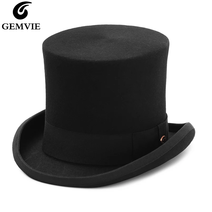 GEMVIE 17cm 100% Wool Felt Top Hat For Men Women Cylinder High Hat Topper Mad Hatter Party Costume Fedora Magician Theater Hat