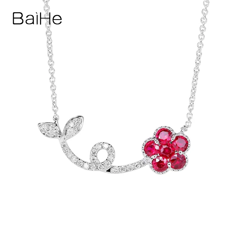 

BAIHE Real Solid 18K White Gold Natural Ruby Diamond Leaf Flower Necklace Women Engagement Fine Jewelry Making Collar flores