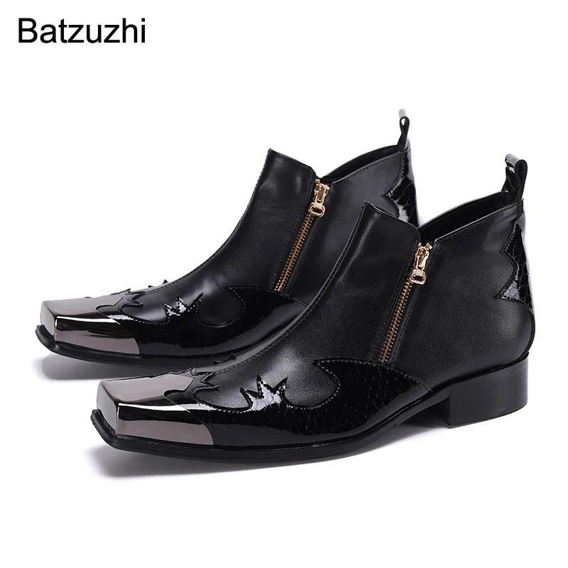 Batzuzhi New Design Men's Boots Square Toe Black Genuine Leather Ankle Boots Men Zips Motorcycle/Party/Wedding Botas Hombre