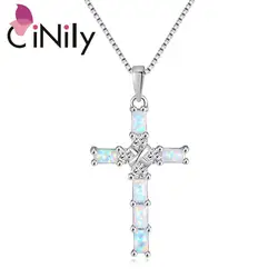 CiNily Opal Necklace Pendant Cross Christian Silver Plated Fashion Jewelry with Zircon Inlay for Woman Anniversary Gift