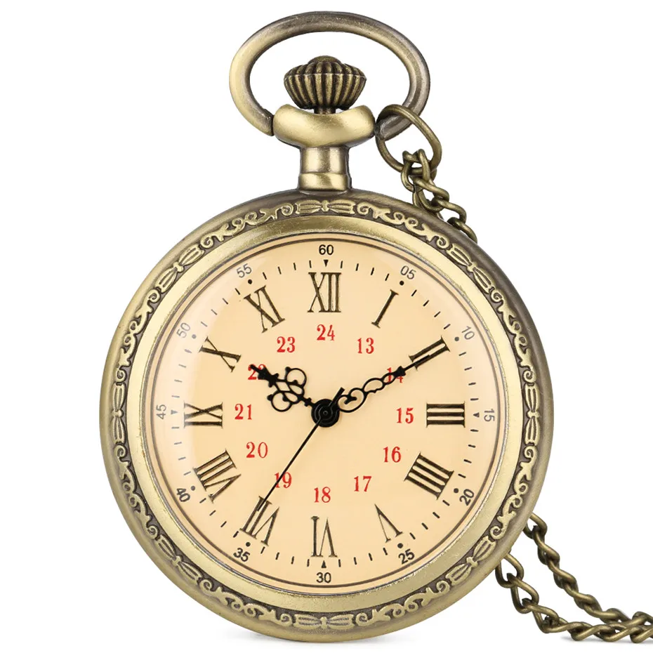 Vintage Charm Quartz Zakhorloge Romeinse Cijfers Display Ketting Klok Fob Brons Trui Keten Open Gezicht Pocket Klok Unisex