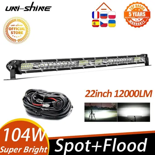 Imagen 1 del producto UNI-SHINE 22 pulgadas 104W barra de luz Led 12000LM luces de conducción de trabajo Led de una sola fila todoterreno camión SUV ATV Tractor coche barco 12V 24V