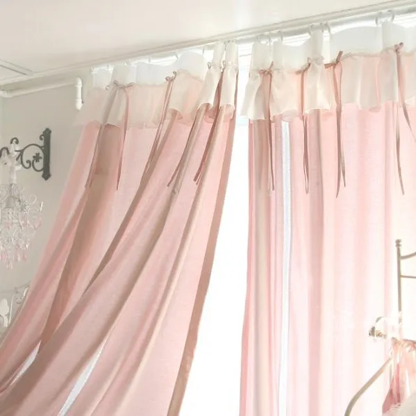 Ins 100% Cotton Pink Curtains for Girls Bedroom Princess Cortinas with Bowknot and Ruffle Screen Curtain Drapes for Cafe Studios