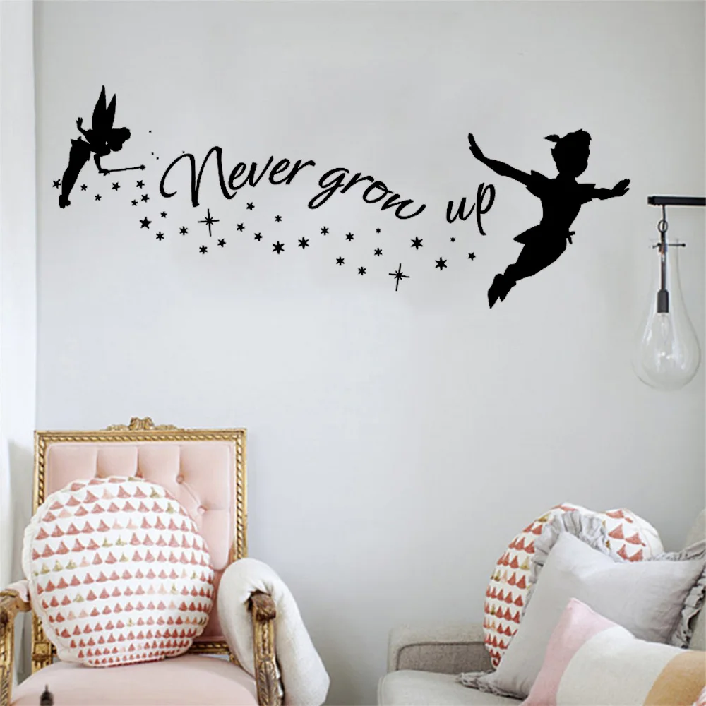 Never Grow Up Wall Decal Peter Pan Quote Vinyl Sticker Neverland Wall Murals Nursery Kids Room Decoration