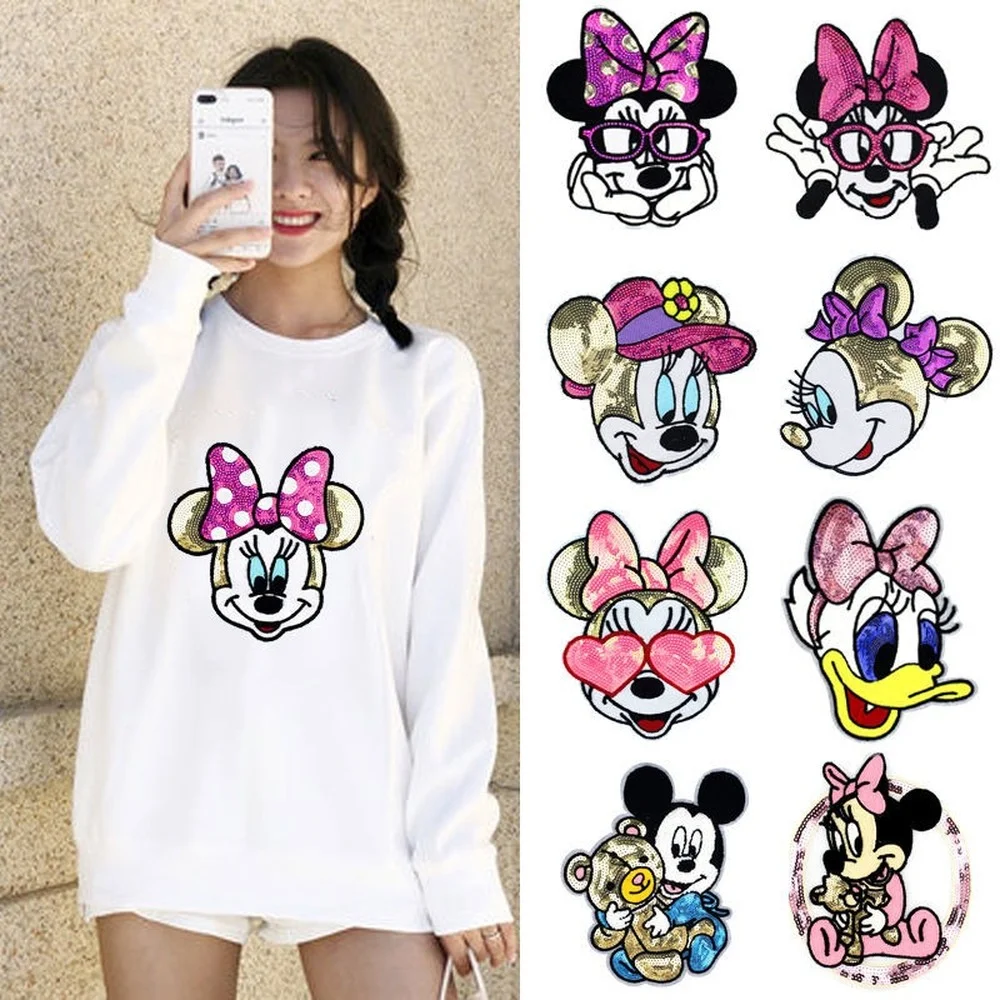 Calcomanías para ropa de Minnie, Mickey, Daisy, bordado, lentejuelas, parches de reparación de ropa, apliques de parche DIY para ropa de niños