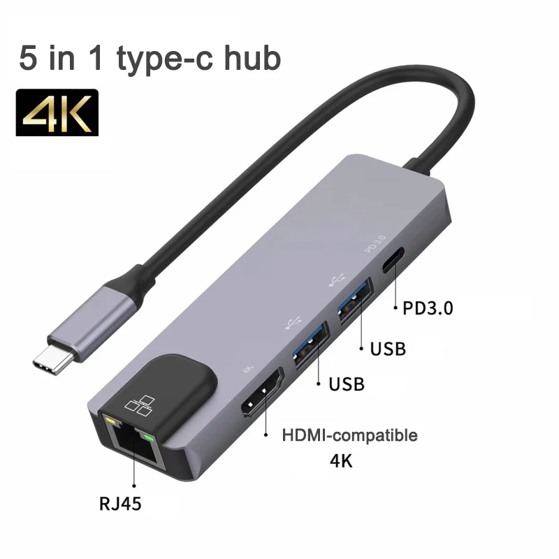 5 in 1 type-c hub usb hub RJ45 100M 4K USB2.0 HDMI-compatible PD3.0 charging port Connect keyboard mouse and U disk dock station